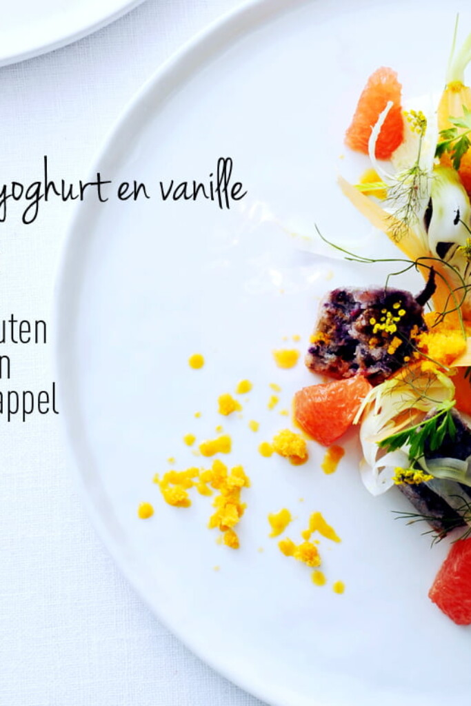 pudding van geitenyoghurt en vanille met bospeen, walnoot, venkelscheuten, duindoorn en bloedsinaasappel