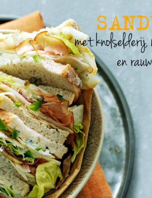 sandwich met knolselderij, mosterdspread en rauwe ham