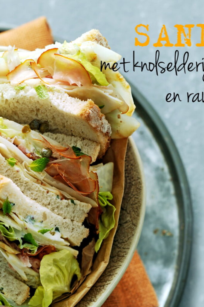 sandwich met knolselderij, mosterdspread en rauwe ham