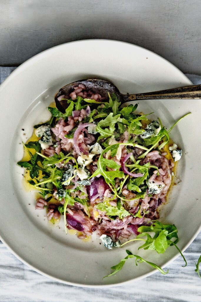 Risotto met rode ui, gorgonzola en rucola