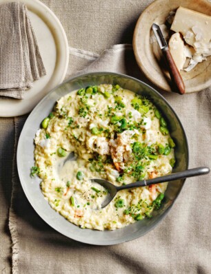 Risotto met tuinbonen, krab en munt