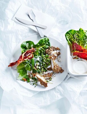 caesarsalade met kipreepjes met zonnebloempittenkruim