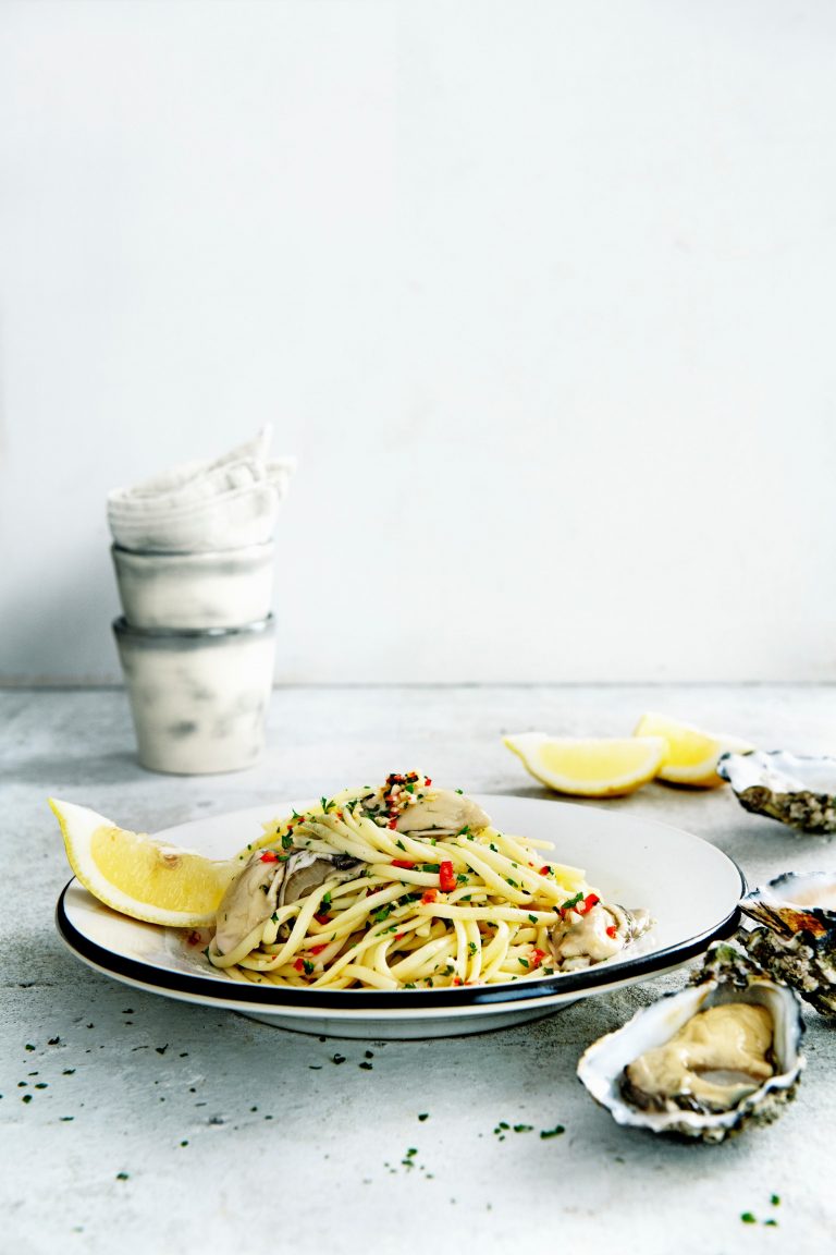 Pasta aglio-olio-peperoncino met oesters delicious.