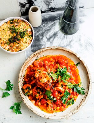 tajine van garnalen en rozenharissa