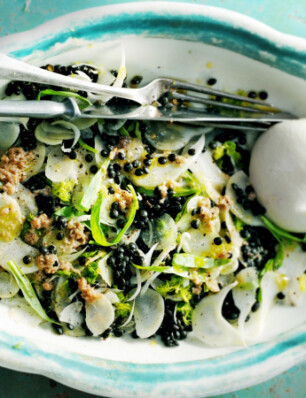 linzen-venkelsalade met ansjovisdressing en burrata