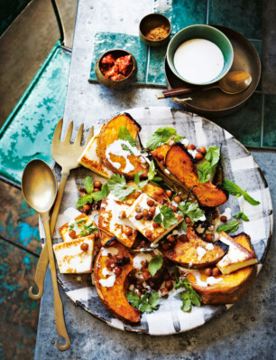 Pompoen met krokante kikkererwten en paneer