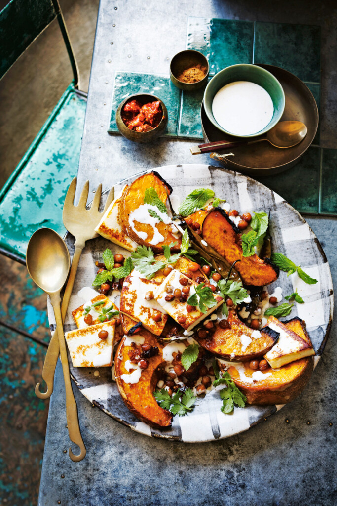 Pompoen met krokante kikkererwten en paneer