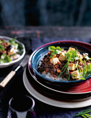 Ma po tofu met aubergine en rode adukibonen