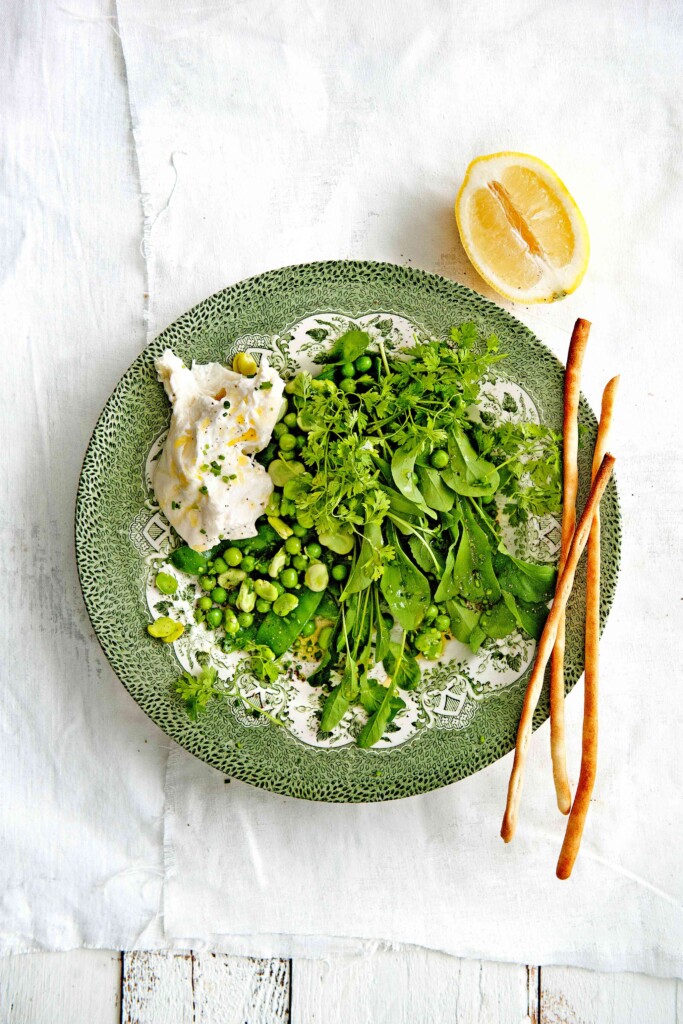 peulen-kruidensalade met burrata en grissini