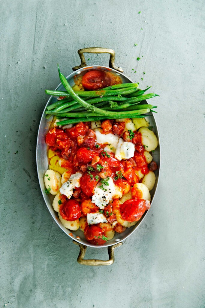 gnocchi met tomaten-gorgonzolasaus en pancetta