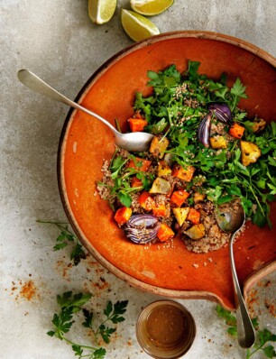 Quinoa met geroosterde aardpeer en zoete aardappel