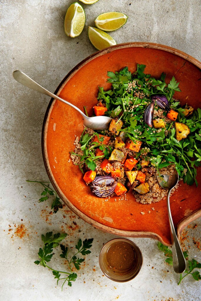 Quinoa met geroosterde aardpeer en zoete aardappel