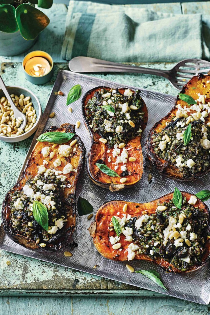 pompoen met pesto-rijstvulling