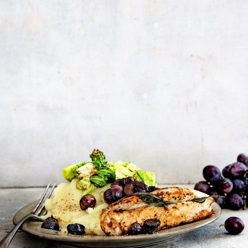 Saliekip met gebakken balsamicodruiven - delicious