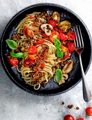 linguine met linzen, champignons & merguez