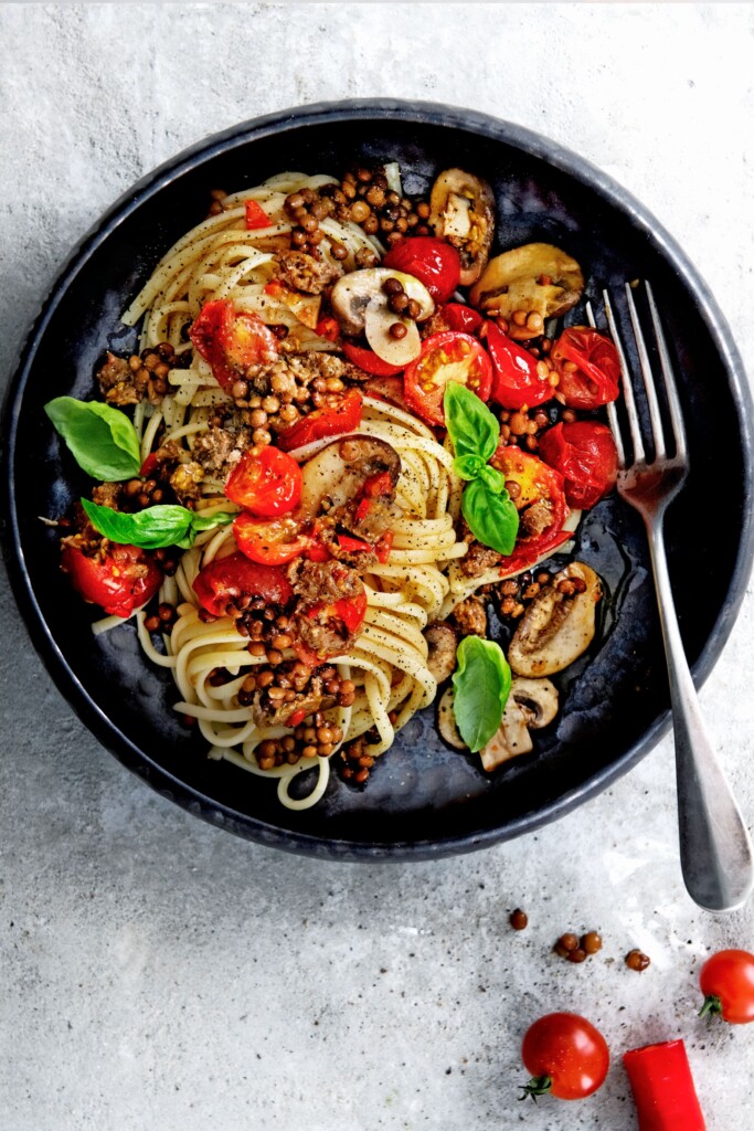 linguine met linzen, champignons & merguez