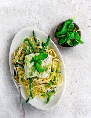 tagliatelle & sperziebonen in pestoroom met kabeljauwfilet