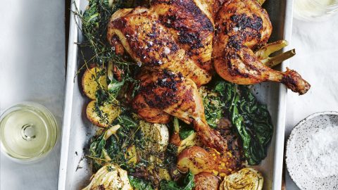 traybake gevlinderde kip met aardappel snijbiet venkel