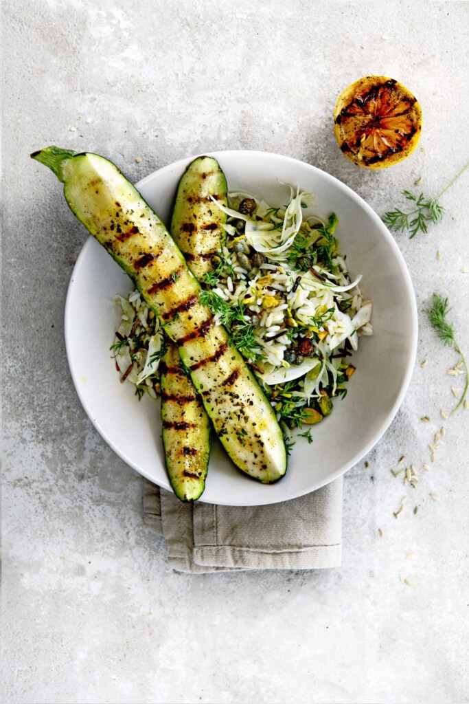 courgette van de bbq met warme venkelrijst