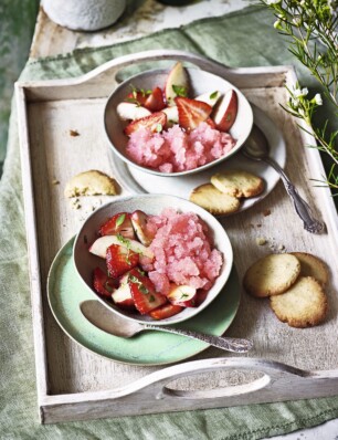 rosé granita met zomerfruitsalade & tijm-honingkoekjes