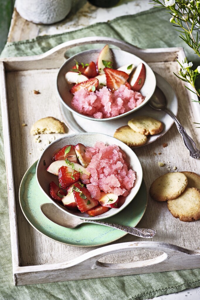 rosé granita met zomerfruitsalade & tijm-honingkoekjes