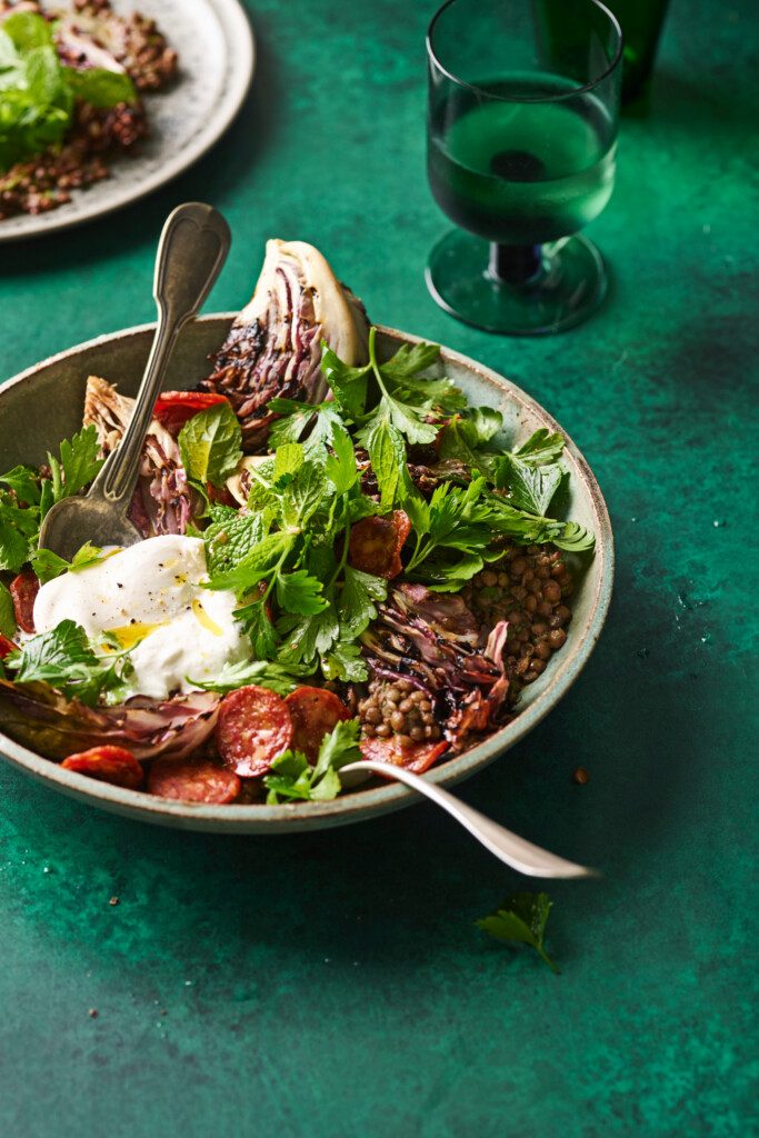 linzensalade met gegrilde radicchio & salami