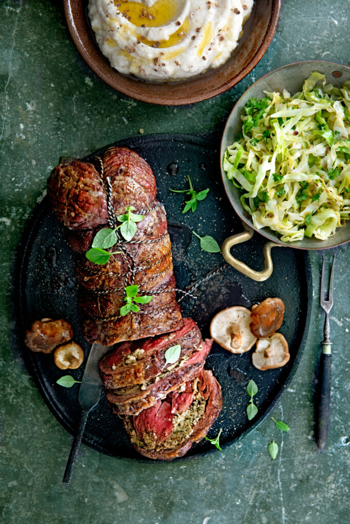 bavetterollade met shiitake-pesto en knolselderij-mousseline