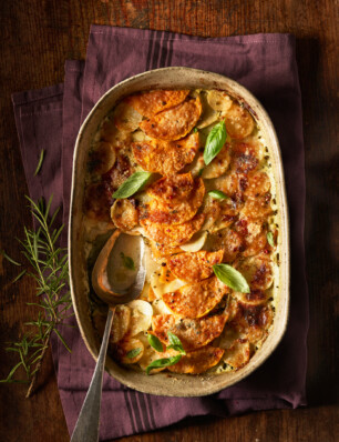 gratin dauphinoise van aardappel en pompoen