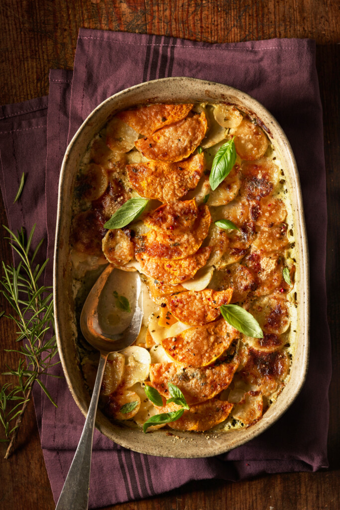 gratin dauphinoise van aardappel en pompoen