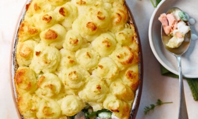 pie met zalm, babyspinazie en tuinbonen