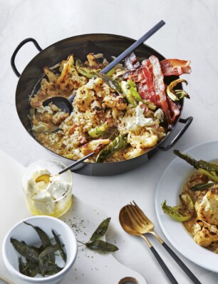 risotto met geroosterde bloemkool, spek en geitenkaas