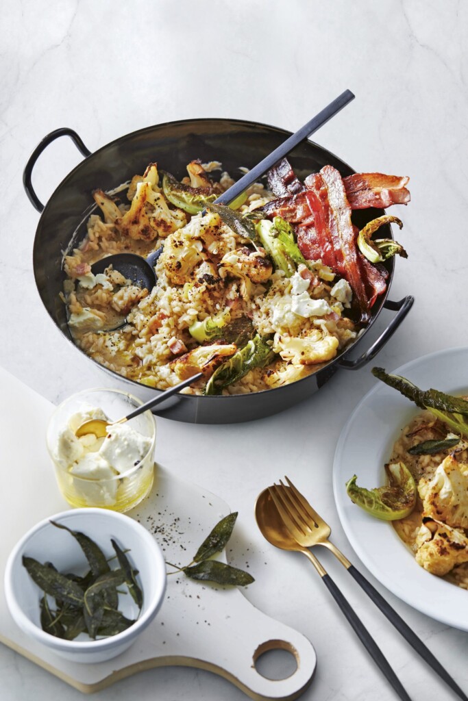 risotto met geroosterde bloemkool, spek en geitenkaas