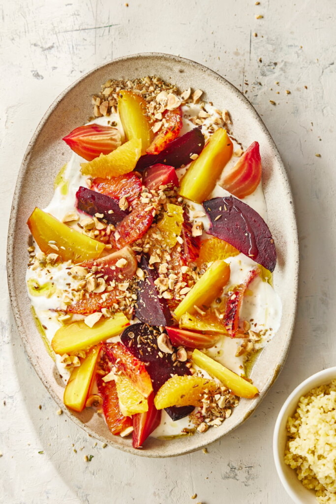 gepofte bieten met dukkah, sinaasappel & fetadip