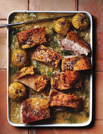 krokante varkensbuik met zuurkool en tijm