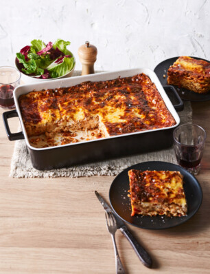 linzenlasagne met champignons en drie soorten kaas