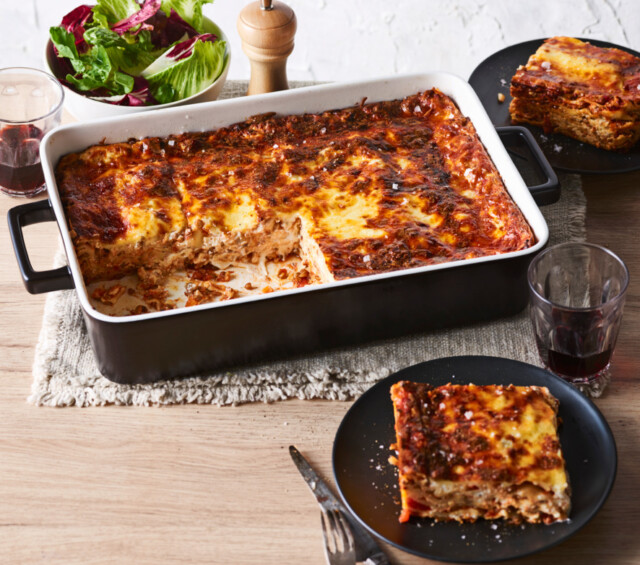 linzenlasagne met champignons en drie soorten kaas