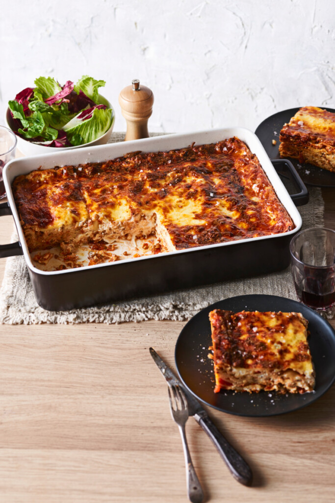 linzenlasagne met champignons en drie soorten kaas
