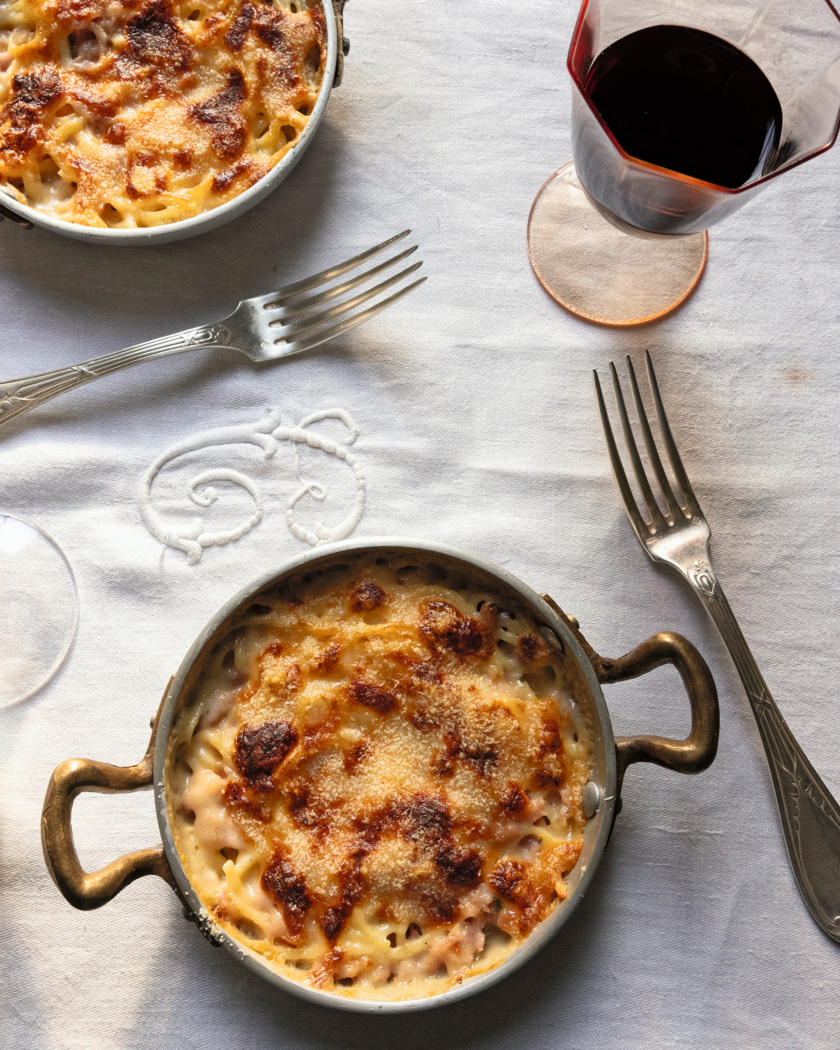 Gebakken tagliolini met prosciutto