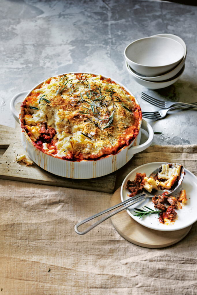 Mac ’n cheese met lamsragout en pecorinogratin