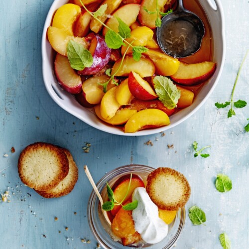Pruimen-aardbeisalade met gemberdressing en vanille-roomhangop_cropped