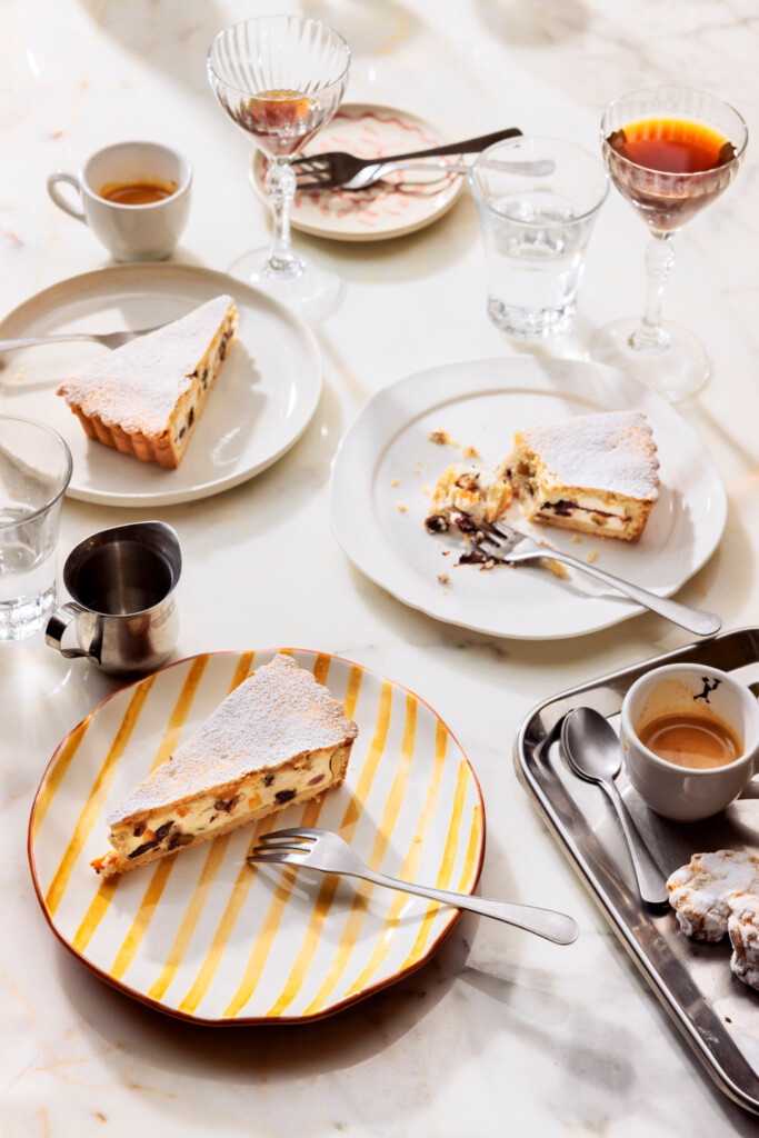ricottataart met pistache, chocolade en gekonfijte sinaasappel